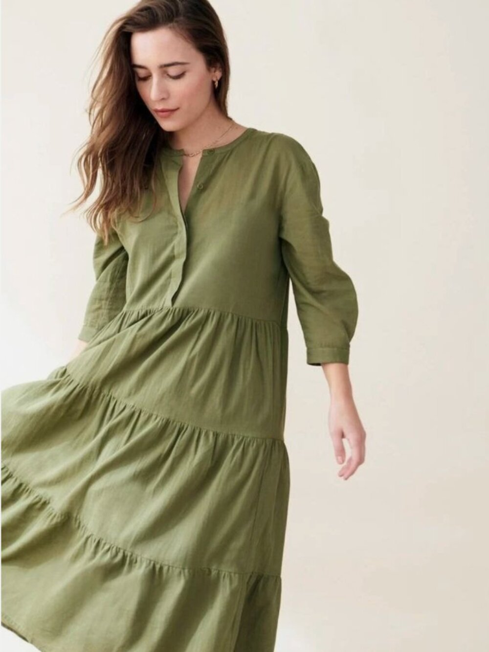 Jenni Kayne James Dress Cotton Linen Moss Green, Tiered 3/4 Sleeve NWT Size XS